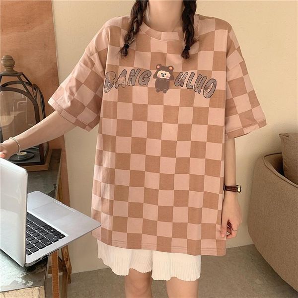 

women's t-shirt 2021 japanese plaid cartoon printed short-sleeved female casual loose o neck 90s summer fashion pink tee, White
