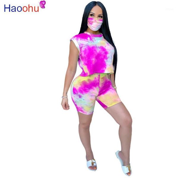 

rainbow tie dye two piece set women's costumes sleeveless loose crop biker jogger short casual plus size outfits with masks dress, White