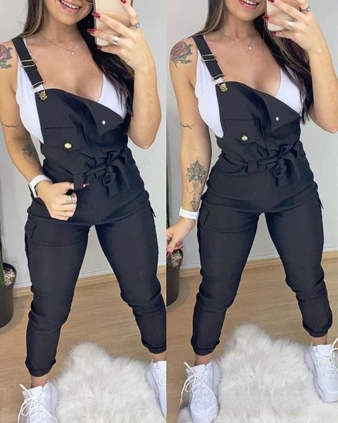 

women's two piece pants pocket design plain suspender jumpsuit, White