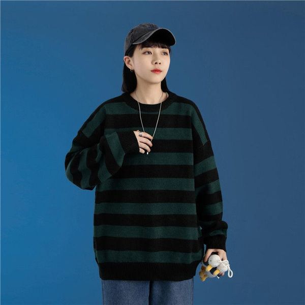 

men's sweaters fashion green and black stripe knitted sweater men women's autumn winter round neck casual trend pullover clothing, White;black