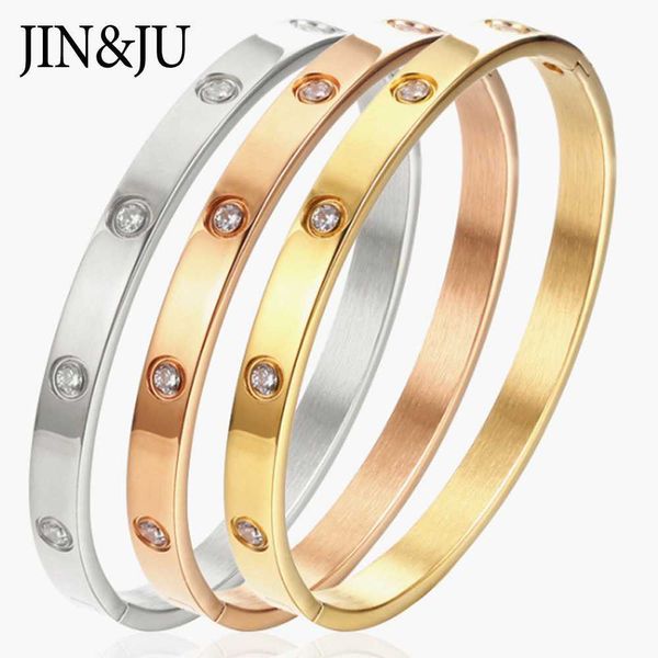 

jin&ju rose gold bracelets for women birthday gift stainless stell white crystal cuff bangles femme dubai fashion jewelry q0720, Black