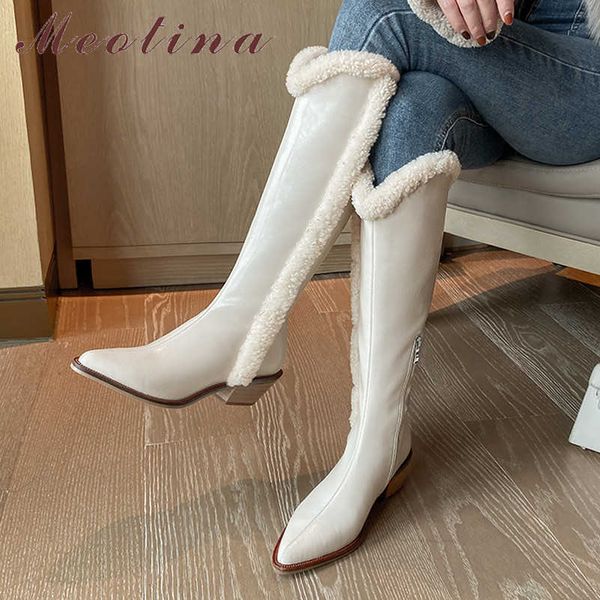 

meotina high heel western boots women genuine leather knee high boots chunky heel long boots zip pointed toe ladies shoes white 210608, Black