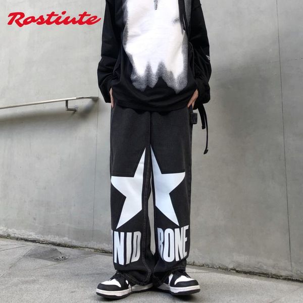 

men's jeans harajuku five-pointed star letters three-dimensional printing fried street fashion men and women korean wash pocket denim, Blue