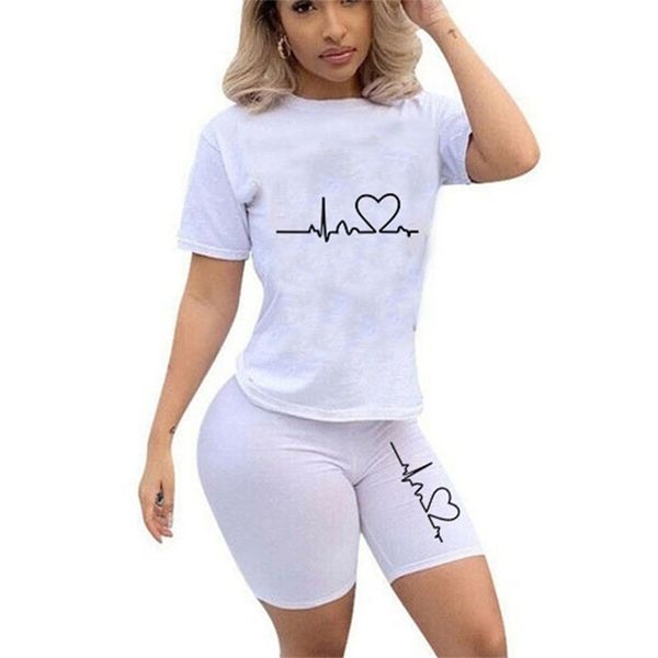 

casual tracksuit women sets shorts sets summer casual tights + short sleeves womens outfits o-neck short sleeve 210727, White