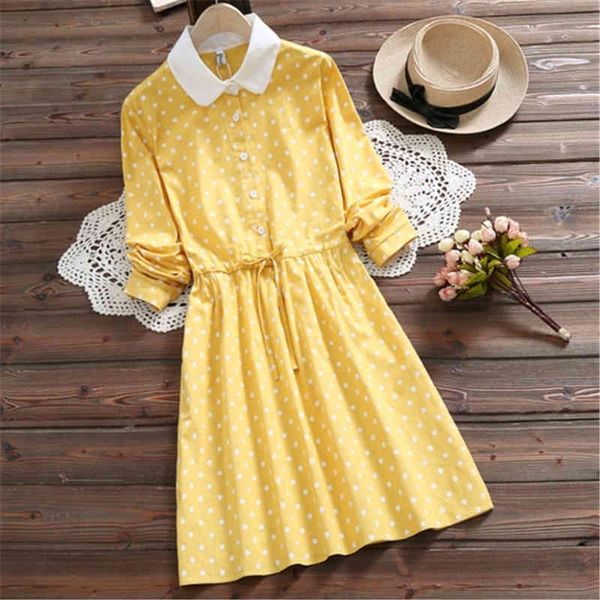 

casual dresses japanese mori girl dress spring autumn women long sleeve polka dot vintage pink,yellow cotton vestidos 14f1, Black;gray