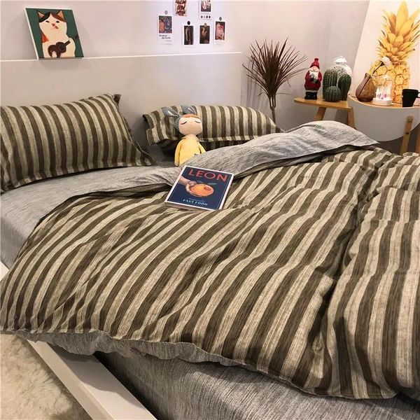 

bedding sets cream plaid four-piece girl stripe heart washing quilt cover bed sheet three-piece home textile double  king size