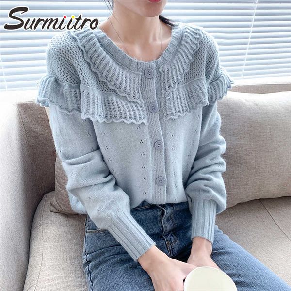 

surmiitro cardigan women autumn winter korean style ruffles long sleeve sweater female knitted jacket coat knitwear 210712, White;black