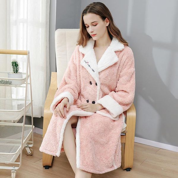 

women's sleepwear thick warm autumn winter bathrobes women turn-down collar long bath robe ladies letters dressing gown soft flannel ni, Black;red