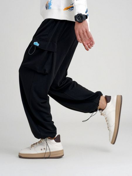 

men flap pocket side drawstring hem sweatpants e30q#, Black