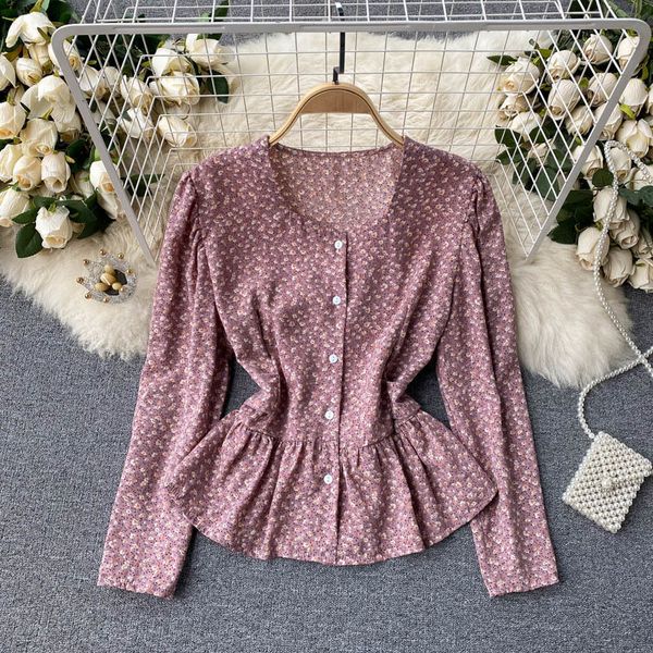 

dresses women bohemian floral blouse korean single breasted long sleeve ruffles spring retro print streetwear blouses, Black;gray