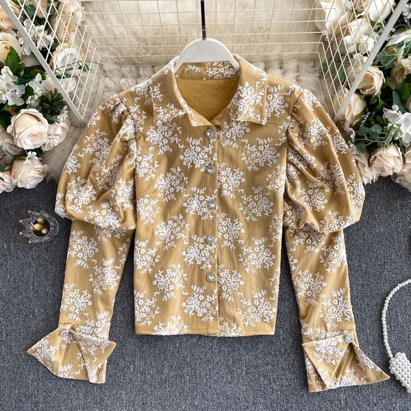 

women's blouses & shirts elegant blouse puff long sleeve floral embroidery shirt turn down collar button up casual ladies korean style, White