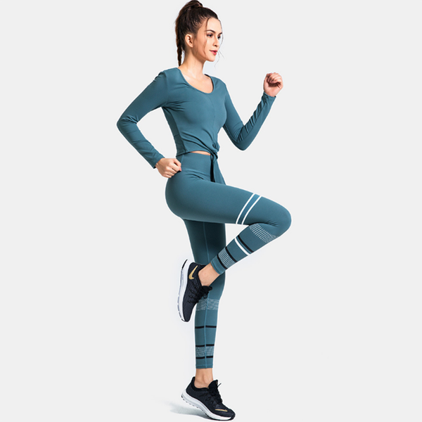 

yoga outfit fall long sleeve dress set stripe lacing quick dry running print ladies fitness 2