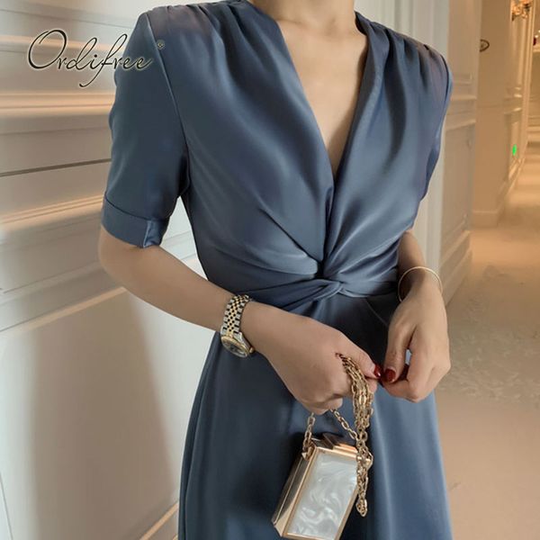 Summer Women Satin Party Dress Manica corta Elegante Lady Office Sexy Long Silk Drss 210415