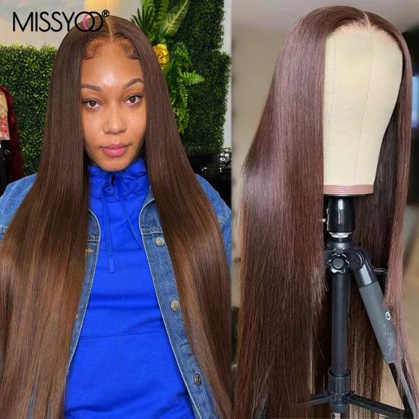 

lace wigs missyoo 2#brown straight front brazilian hair 13x1 t part frontal wig 4x4 closure human for women, Black;brown