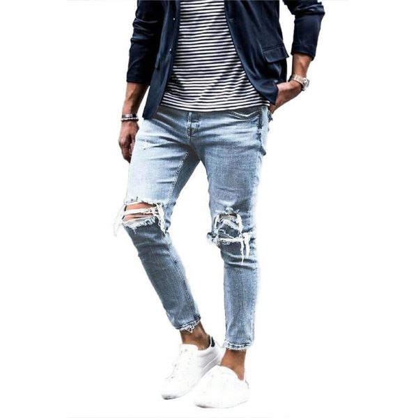 

men's jeans clothes for mens daily wear ripped frayed skinny full pants slim distressed denim casual sheath hole fashion trousers, Blue
