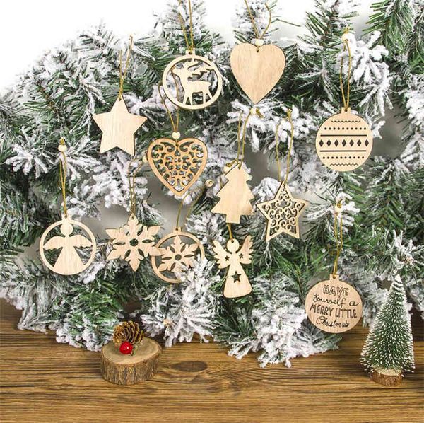 

factory outlet christmas decoration 12pcs/lot christmas tree ornaments wooden chip snowman tree deer socks hanging pendant christmas decorat