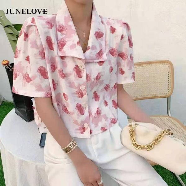 

women's blouses & shirts junelove women summer turn down collar single breasted elegant blouse female tie dye vintage fashion shirt lad, White