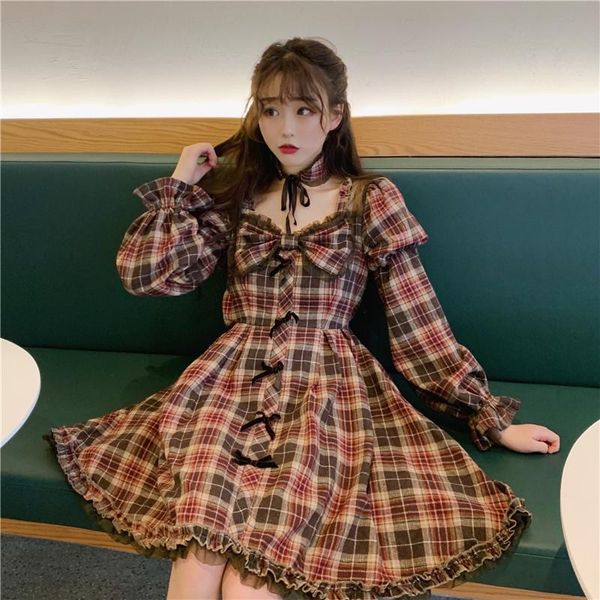 

casual dresses sweet autumn women plaid dress loose bow square collar puff sleeve vintage lace patchwork female 2021 high waist, Black;gray