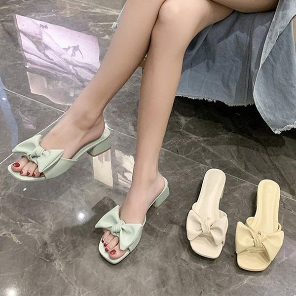 

slippers women's pu square toe butterfly knot solid platform female slides fashion elegant sweet outside ladies summer shoes, Black