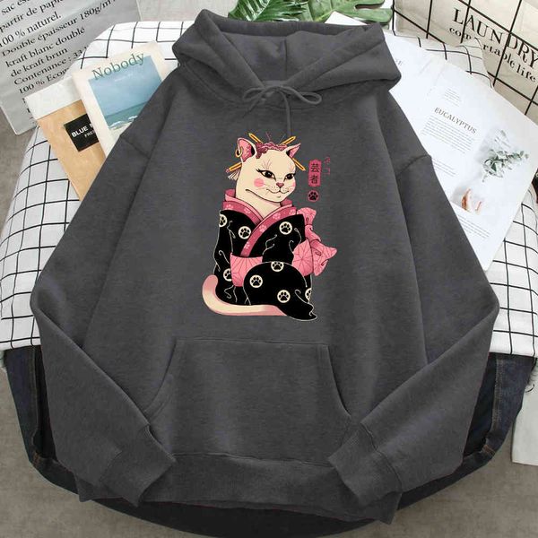 

ukiyo - japane geisha hoodie, men's hoodie, cat printed clothing, polar lining, cartoon, round neck, hip-hop style, retro, Black