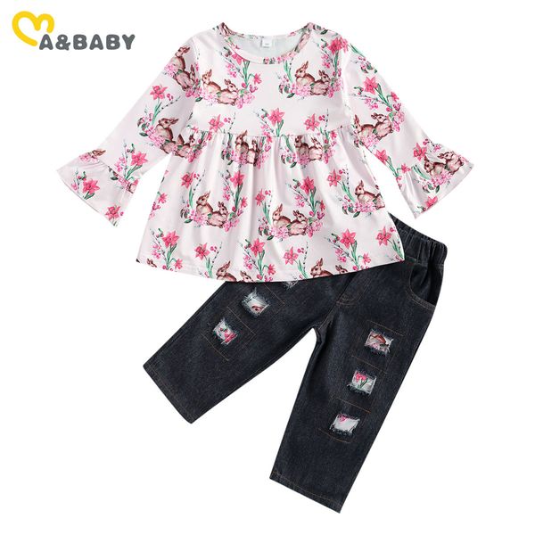 2-7Y пасхальный малыш ребенок для девочек одежда набор с длинным рукавом оборками кролика топы джинсовые брюки джинсы наряды 210515