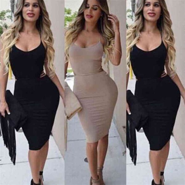 

women dress summer ladies slim fit sleeveless bandage bodycon evening party backless solid black spaghetti strap clubwear 210522, Black;gray