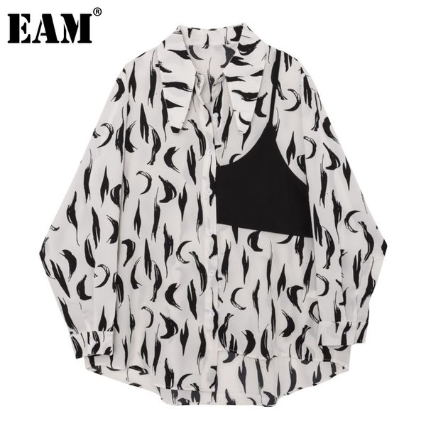 

[eam] women black white irregular print blouse lapel long sleeve loose fit shirt fashion spring autumn 1dd6895 21512