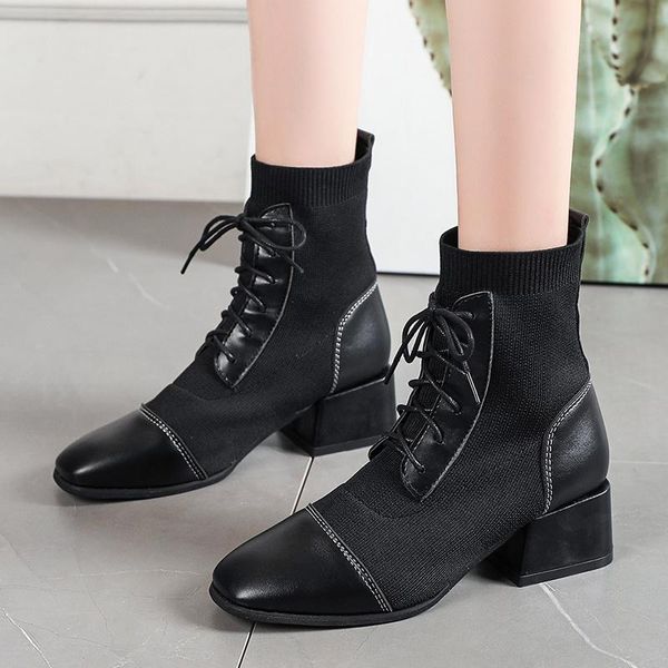 

boots trend winter ladies shoes women ankle fashion high heels leather femmes autumn casual botas de mujer, Black