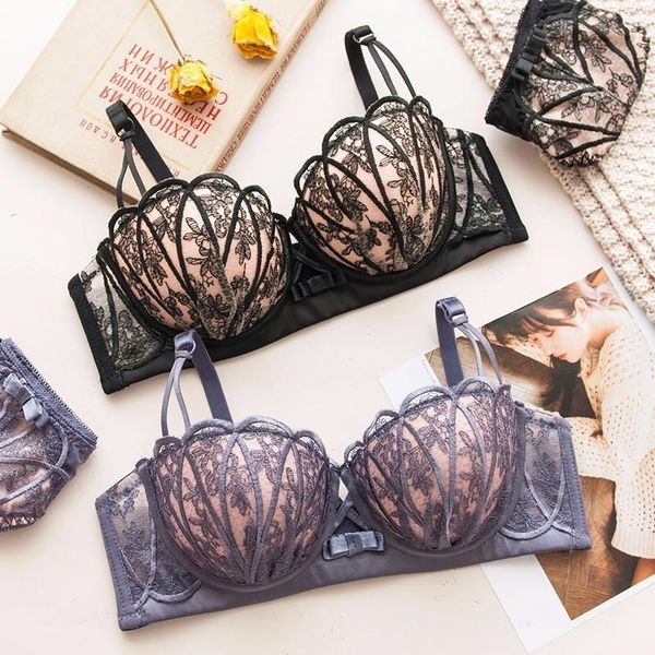 

bras sets roseheart women fashion red lace trim mesh padded bralette hollow cotton panties push up lingerie underwear, Red;black