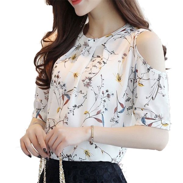 

chiffon print blusas floral shirt for womens elegant open shoulder blouses women ete plus size female 210426, White