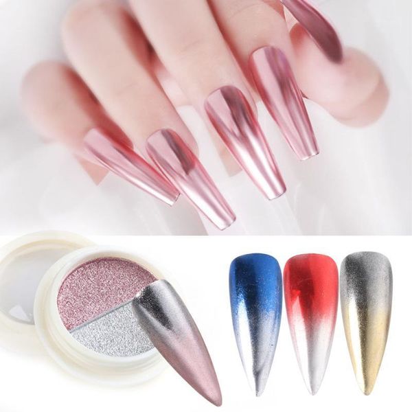 

chrome pink silver mirror nail powder with brush dip pigment holographics dual-color solid glitter dust for manicure le18811, Silver;gold