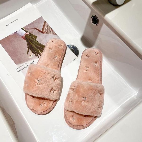 

fashion cherry print bedroom plush slippers women winter warm home furry faux fur non-slip shoes casual outdoor, Black