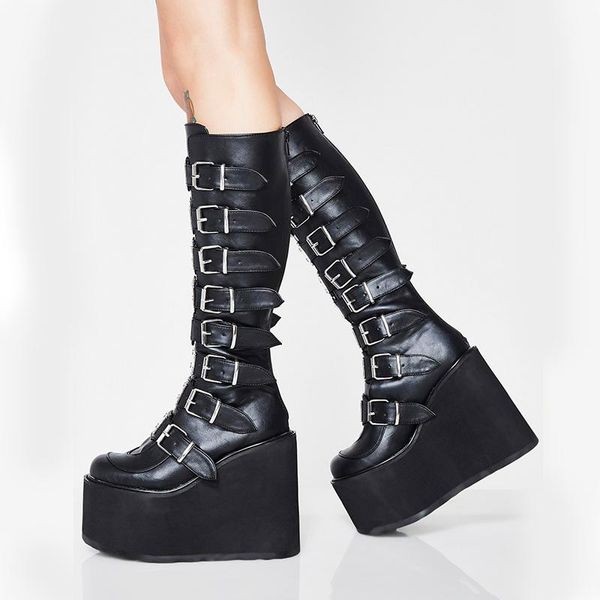 

boots women's high 2021 platform patent leather thick heel rubber female punk gothic black buckle shoes designer