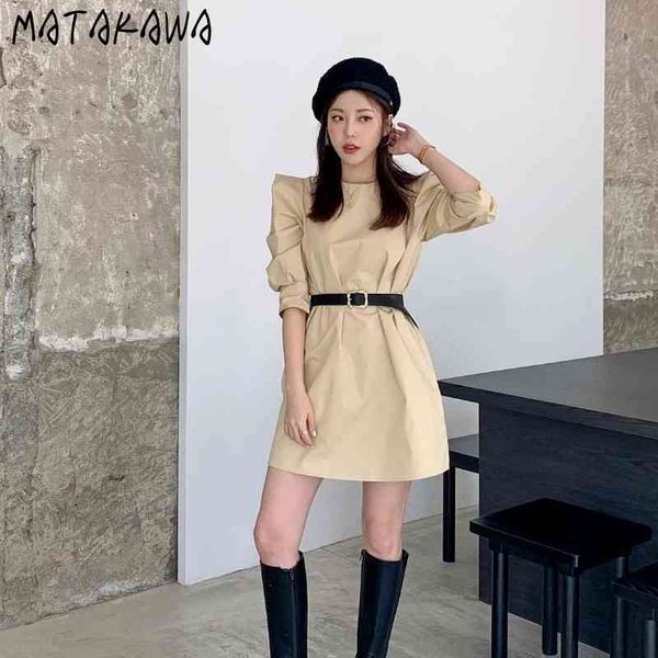 

matakawa spring o-neck dresses for women temperament puff sleeve dress solid vintage robe korean chic vestidos with belt 210513, Black;gray