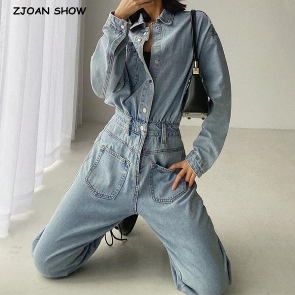 

casual dresses chic 2021 spring safari denim cool women jumpsuits buckle belt sashes long sleeve bodysuits pants jeans romper play, Black;gray