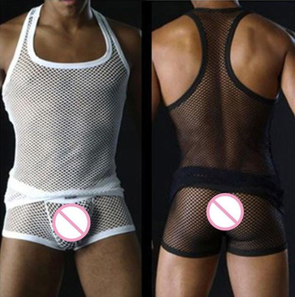 

one set novelty men see through mesh tank sleeveless breathable transparent tight fitting vest with boxer shorts, White;black