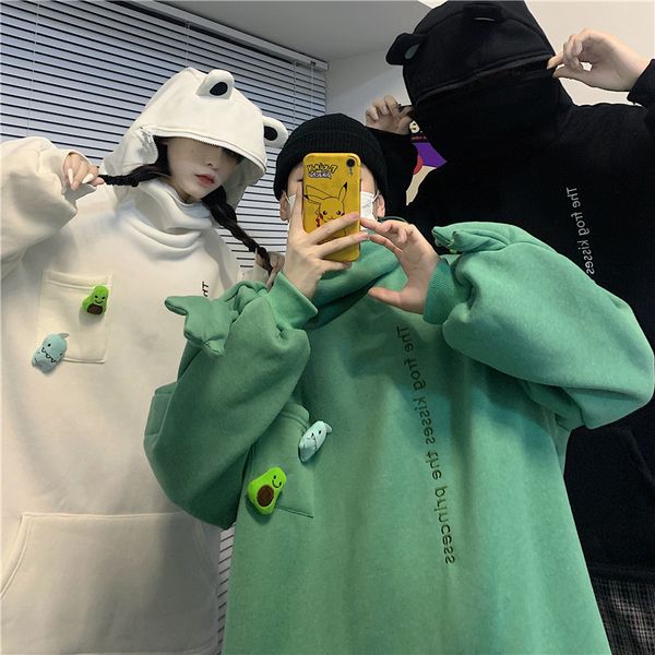 

trendy hip hop street clothes with fluffy frog pullover, Black