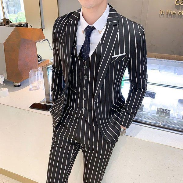 

men's suits & blazers classic striped formal business slim terno homens groom tuxedo wedding (blazer+pants+vest) sets, White;black