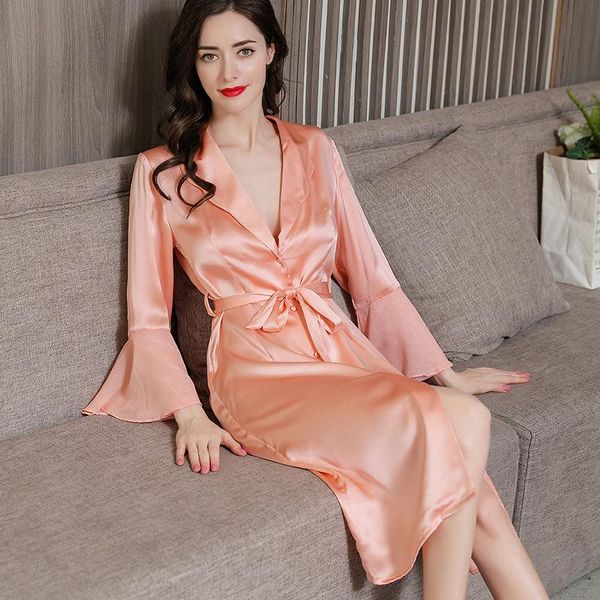 

women's sleepwear luxury long seeve silk nightgown 100% mulberry v-neck real bathrobe for lady, Black;red