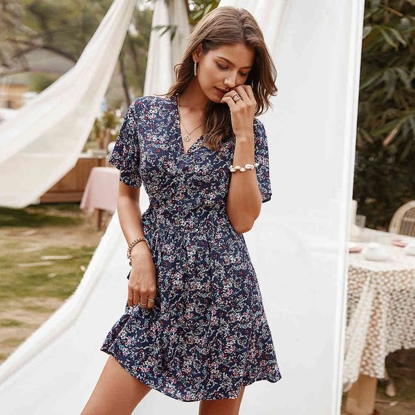 

summer women's elegant floral print short a-line ladies v-neck high wasit knee-length holiday style dress 2021 new, Black;gray