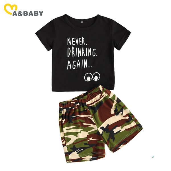 2-7y verão casual garoto crianças menino roupas conjunto letra preto t camisa camo shorts roupas criança trajes 210515