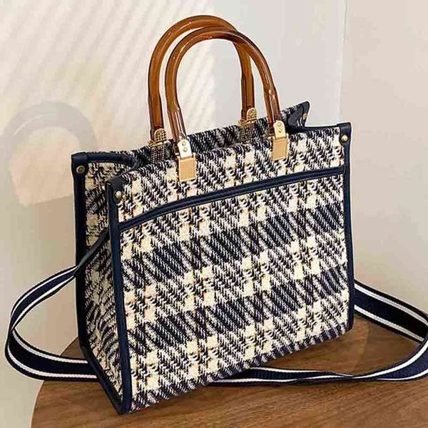 

shopping bags retro women tote bag linen plaid print with acrylic handle shoulder ladies shopper fashion booktote new 220309