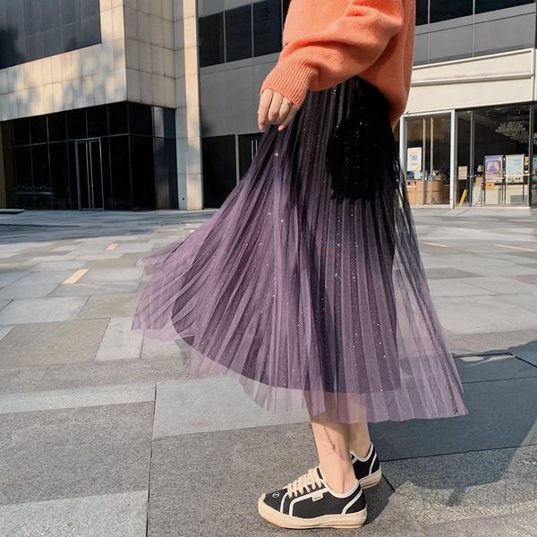 

skirts mesh veil sequins female in the autumn and winter long show a word skirt thin pleated of tall waist, Black