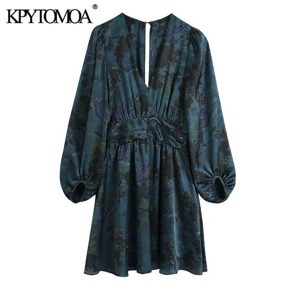 

kpytomoa women 2021 chic fashion with draped waist print mini dress vintage v neck long sleeve female dresses vestidos mujer, Black;gray