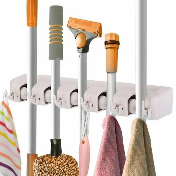 

hooks & rails white wall mounted mop and broom 5 position hanger kitchen storage multi-functional holder tool magic plastic