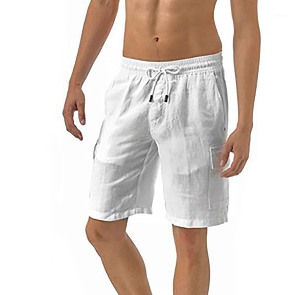 

men's shorts summer solid color pants loose cotton and linen casual multi-pocket overalls thin beach sports, White;black