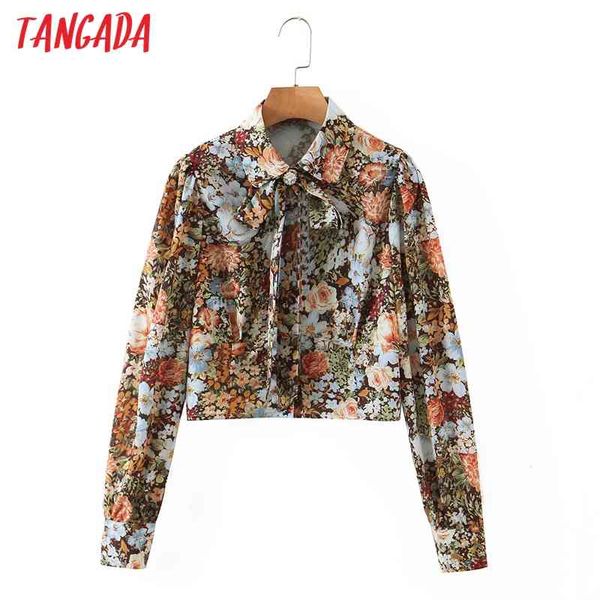 

women retro flowers print crop bow neck pearl decorate chic female short blouse shirt sl605 210416, White