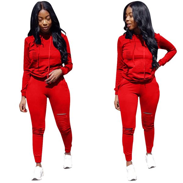 Novas roupas de outono inverno mulheres jogger ternos plus size 3xl fatos de treino rasgados roupas manga longa pulôver com capuz + calças conjunto de duas peças casual preto roupas esportivas 5628