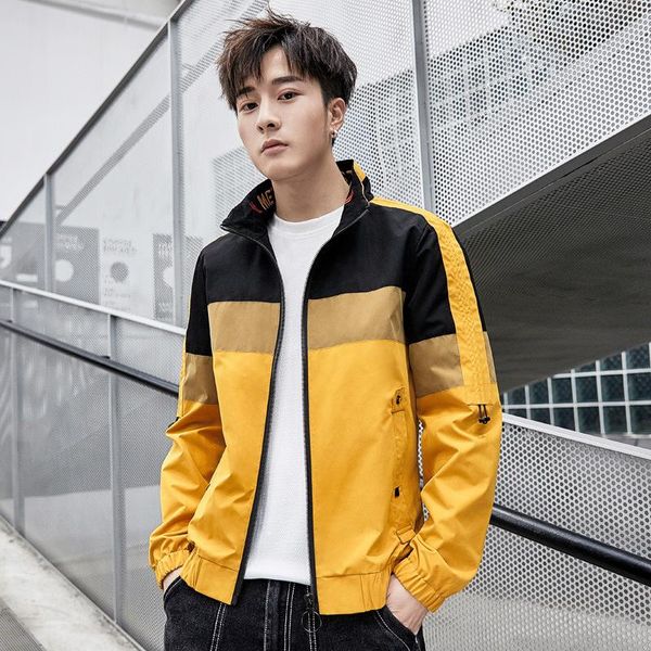 

men's jackets spring and autumn stand-up collar casual tide brand wild jacket coat men stitching letter embroidery, Black;brown