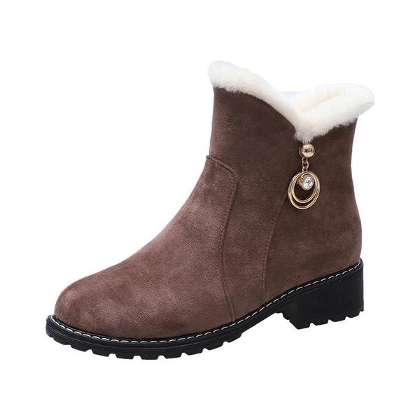 

boots women's solid color square high heels zipper suede warm snow round head side with 2021, Black